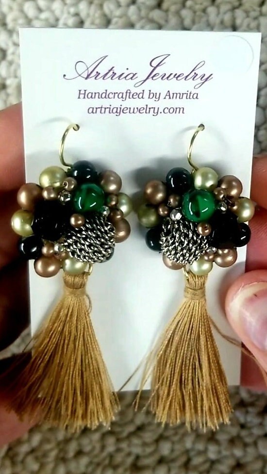 Vintage Beaded Fringe Earrings, Upcycled Vintage Earrings, Green, Black, Grey, and Gold Earrings