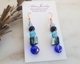 Shades of Blue Stacked Bead Wire Wrap Earrings, Mixed Media Jewelry, Upcycled Vintage Beads, Shell, Glass, Wood, Blue Copper Earrings