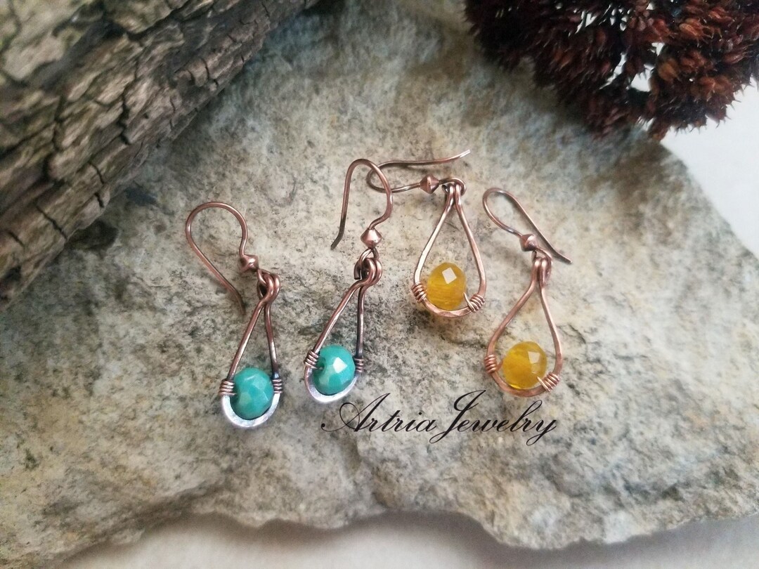 Minimalist Crystal Teardrop Earrings, Geometric Copper Drops, Simple