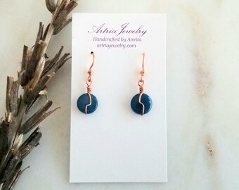 Blue Moon Shell Drop Earrings, Blue and Copper Wire Wrap Jewelry, Small Light Handmade Earrings, Prom Jewelry, Bridesmaid Gifts