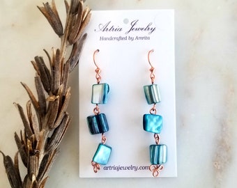 Blue Shell Wire Wrap Dangle Earrings, Light Blue Earrings, Delicate Jewelry for Women