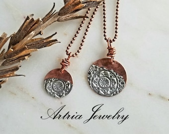 Round Mandala Stamped Silver Solder Copper Circle Pendants, Copper Mandala Disc Necklace, Sheet Metal Jewelry, Artria Mixed Metal Pendant