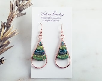 WOODSY Upcycled Blue and Green Beaded Copper Earrings, Woven Vintage Seed Bead Wire Wrap Teardrops, Lightweight Boho Earrings - ABAE0024