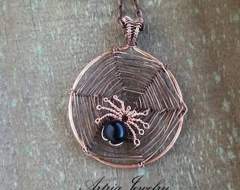 Black Spider in a Woven Copper Web Pendant, Wire Wrapped Copper Black Onyx Spider Necklace, Halloween Jewelry, Insect Bug Gift