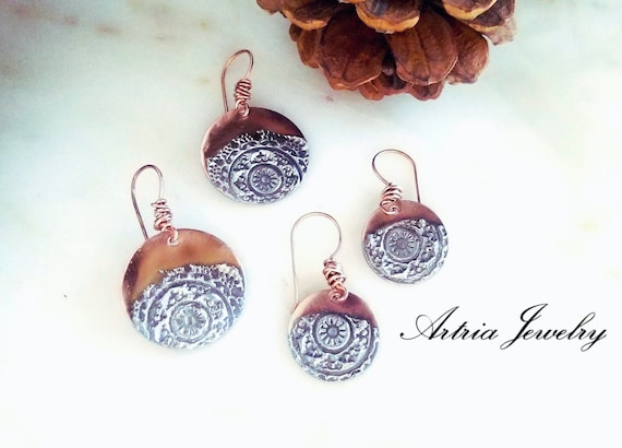 Mandala Stamped Silver Solder Copper Circle Earrings Copper