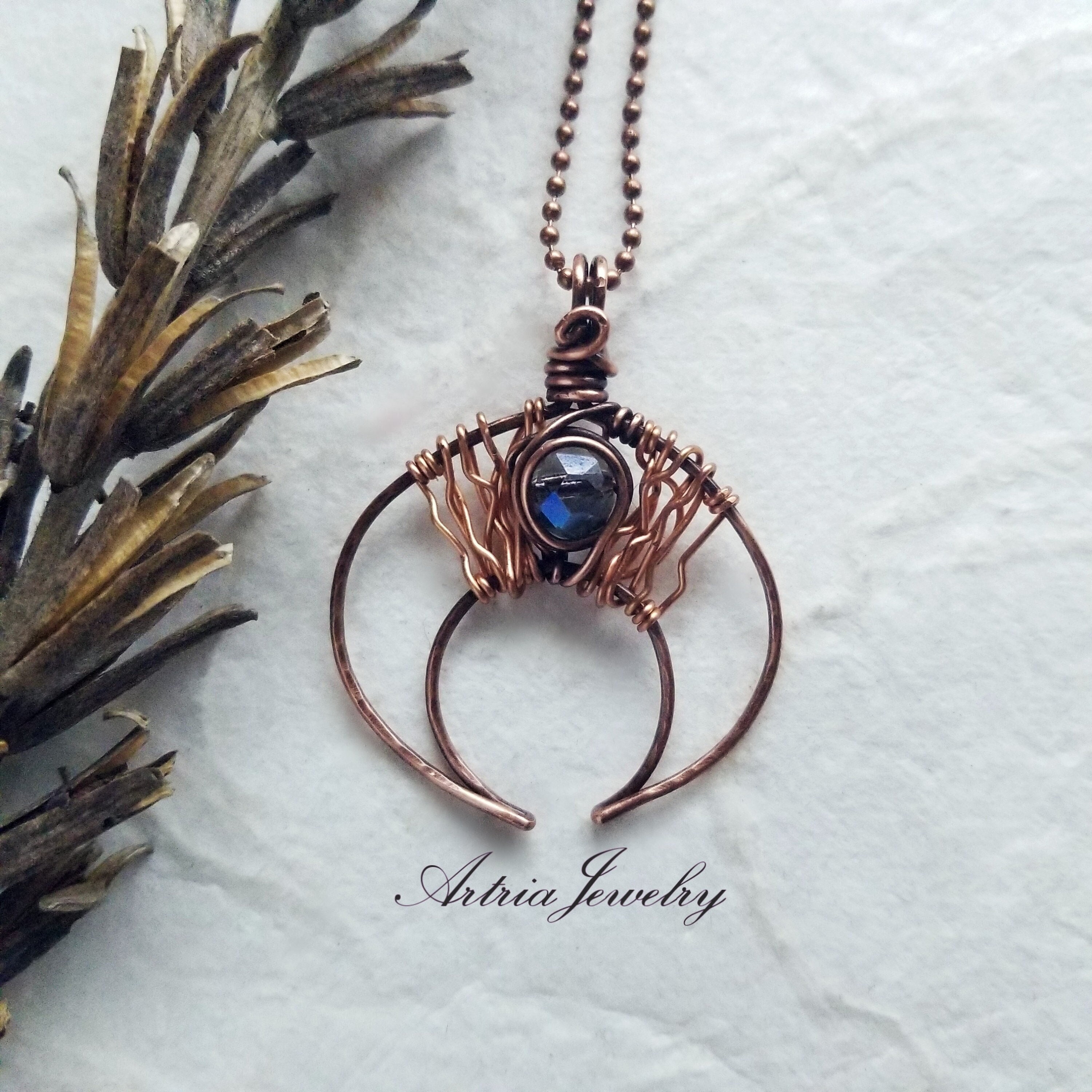 Wire Wrapped Small Sun And Moon Necklace Copper Wavy Wire Wrap