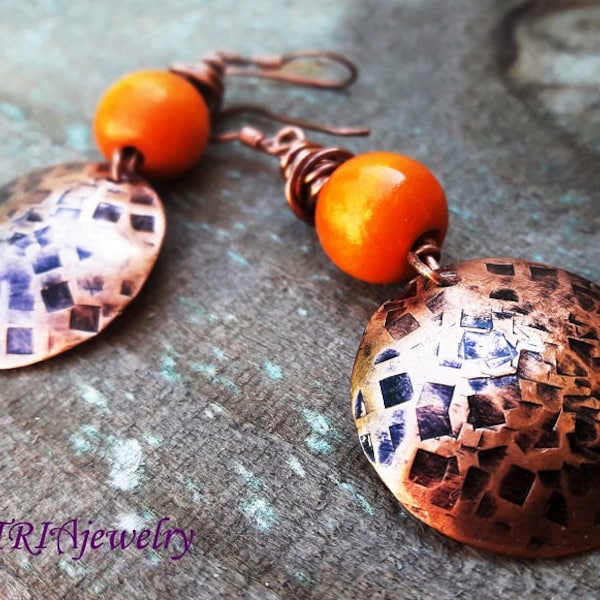 Boho Hammered Copper Earrings: Orange Wood Bead Dangles