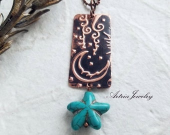 Embossed Copper Moon Beam Blue Turquoise Magnesite Star Pendant, Shades of the Night - APRN0017
