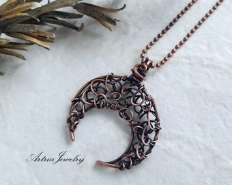 Copper Chaos Wire Crescent Moon Pendant, Wire Wrap Curls Celestial Half Moon Necklace, Shades of the Night - AMAN0009