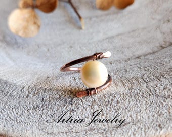 Handmade Copper Wire Wrapped Pearl Ring - Size 8