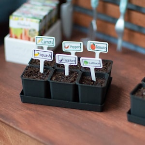 Puede incluir: Un conjunto de seis pequeñas macetas de plástico negro con tierra y etiquetas de plantas con las etiquetas "Zanahorias", "Calabacín", "Pimiento", "Tomates", "Berenjena" y "Lechuga".