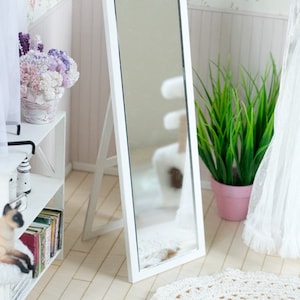 May include: White full-length mirror with a white frame and a stand. The mirror is leaning against a white shelf with books and a potted plant. A white crocheted rug is in the foreground.