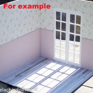 May include: A miniature dollhouse room with white walls featuring a floral pattern, pink wainscoting, and a white wooden door with glass panes. The floor is a light wood with a wood grain pattern. The text "For example" is visible in the upper left corner of the image.