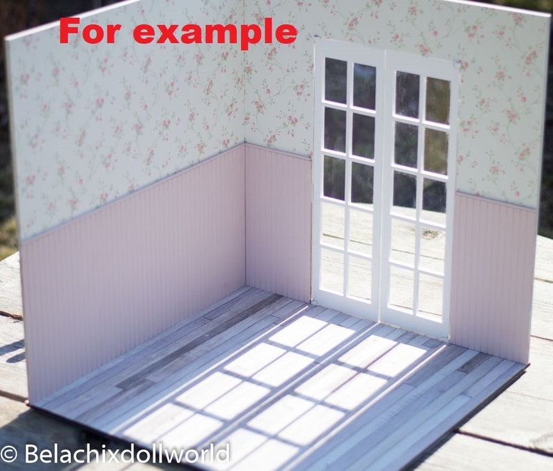 May include: A miniature dollhouse room with white walls featuring a floral pattern, pink wainscoting, and a white wooden door with glass panes. The floor is a light wood with a wood grain pattern. The text "For example" is visible in the upper left corner of the image.
