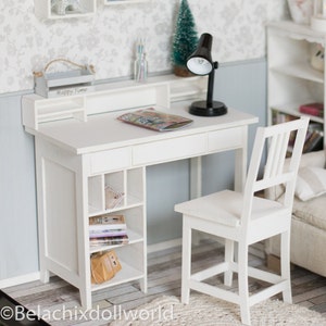 Puppenschreibtisch, Tisch, 1/4, MSD, Minifee, BJD, Miniatur romatischer Shabby Schreibtisch mit Stuhl, Roombox, Diorama, Puppenhaus