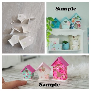 May include: A collection of miniature birdhouses in various stages of assembly and decoration. The birdhouses are white, pink, and blue, with floral and heart-shaped cutouts. The word "Sample" is printed on the image.