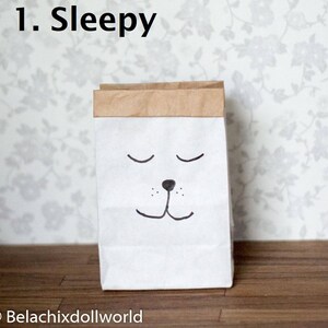 May include: A white paper bag with a brown top, featuring a hand-drawn face with closed eyes and a small nose. The bag is labeled "1. Sleepy".