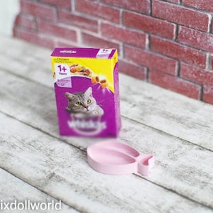 1:4 or 1/6, Miniature cat food box and bowl, BJD cat accessories, doll accessories,  Roombox, diorama accessories