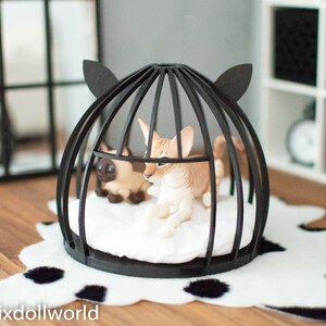 May include: A black cat bed with a white cushion inside. Two small, white and brown cats are inside the bed. The bed is on a white and black cowhide rug.