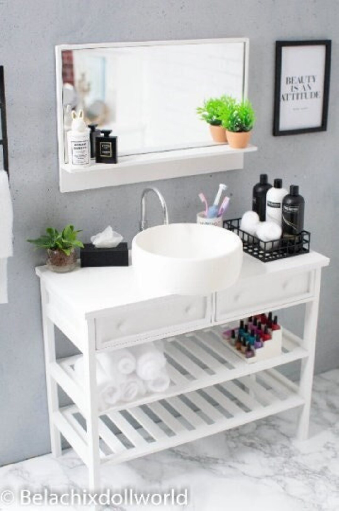 1:4 Miniature Bathroom Vanity Cabinet With Sink and Faucet, Dollhouse ...