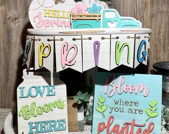 Spring Tiered Tray Decor - Spring Tray - Spring Flowers Tiered Tray Decor - Spring Decor - Spring Wooden Sign