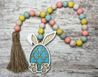 Easter Bead Garland with Tassel - Farmhouse Bead Garland - Wooden Bead Decor - Farmhouse Bunny Wooden Bead Garland - Easter Decor