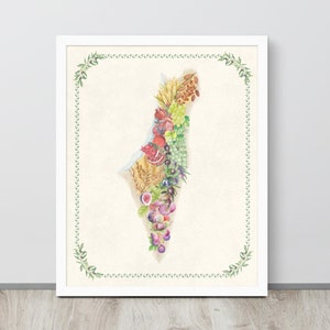 Das gelobte Land Israels 7 Arten Karte gerahmter Druck | Weizen Gerste Trauben Feigen Granatäpfel Oliven Daten Karte Wand Kunst Jüdisches Dekor
