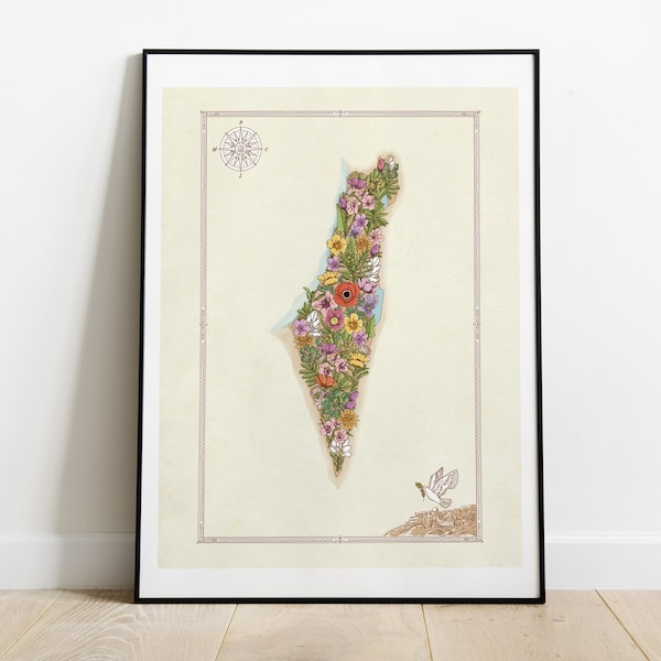 Cartel de flores del mapa de Israel / Arte moderno de flores israelíes / Decoración de arte enmarcada en la pared de la flor de Israel