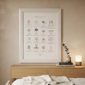 May include: A framed wall print titled Jewish Year 5787 2026-2027, featuring a grid of sixteen illustrated icons representing various Jewish holidays and observances, each accompanied by descriptive text and dates in a clean, minimalist layout.
