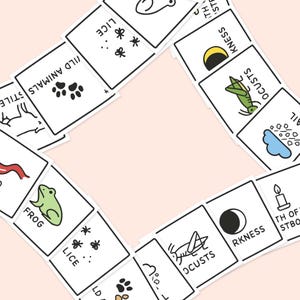 10 Cartões Ilustrados das Pragas do Egito – Seder de Páscoa para Imprimir (Versões Coloridas e Preto e Branco)