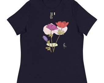 Poppy Anemone Print Israel Flower Women's Relaxed T-Shirt | Women Anemone Coronaria National flower of Israel Printed Shirt