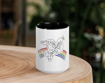 Ceramic Mug with Color Inside | Rainbow Dove of Peace Cup | Dove Peace Symbol Coffee Mug