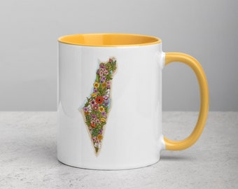 Mug with Color Inside Floral Map of Israel | Israel Map Printed Coffee Mug | Flower Israel Map Tea Cup