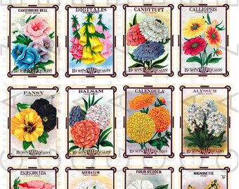 16 Art Deco Labels Flower Seed Packets Vintage Collage Sheet Digital Download. Printable Vintage Flower Seed Packets Clip Art.