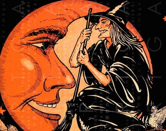 STUNNING HALLOWEEN Creepy WITCH Die Cut Image. Vintage Halloween Decor ! Vintage Digital Postcard Halloween Witch & Moon.