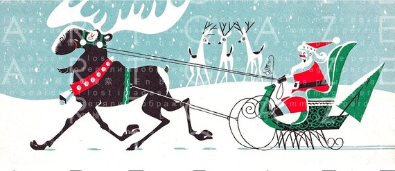 Santa Claus His Reindeer Sledge Mid Century Printable Card Etsy