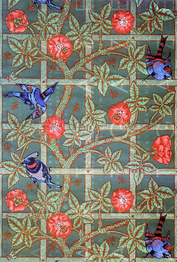 William Morris Wallpaper Trellis Pattern With Flowers And Etsy William Morris Wallpaper Trellis Pattern With Flowers And Etsy