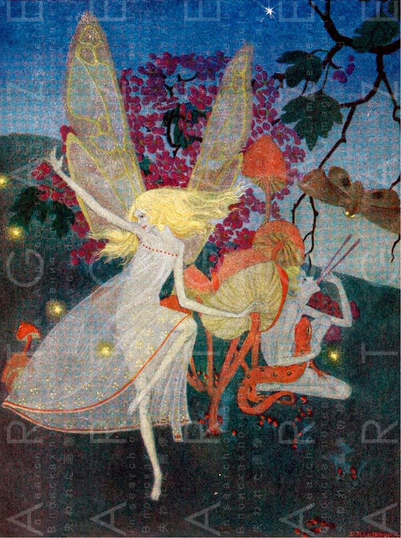 Fairies Fireflies Dancing At Midnight Vintage Illustration Vintage Fairy Digital Art Print Digital Fairy Download - 
