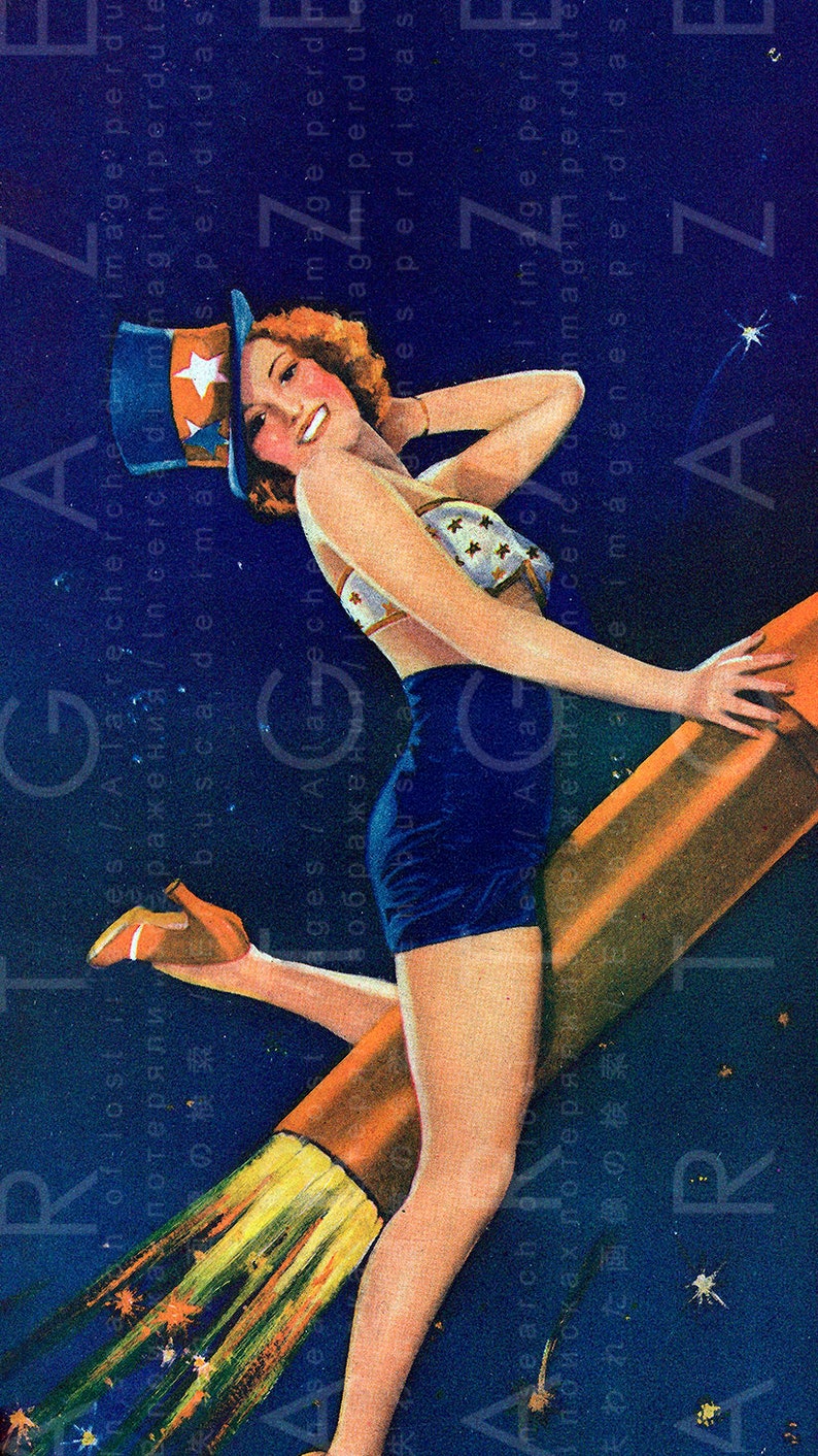 PATRIOTIC Pin Up Girl Rides A Giant Rocket. Vintage Printable Etsy