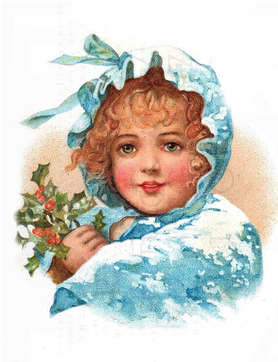 Cute Little Girl Snow & Holly. Vintage CHRISTMAS Printable | Etsy