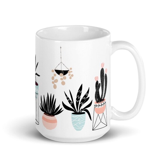 Boho Plant Coffee Mug, Abstract Succulent Design