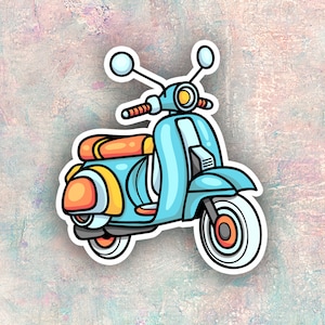 May include: A blue and orange cartoon scooter with a white outline. The scooter has a large front wheel and a smaller back wheel.