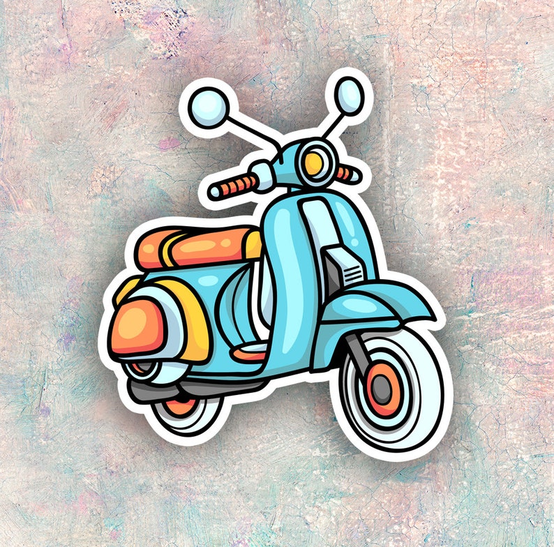 May include: A blue and orange cartoon scooter with a white outline. The scooter has a large front wheel and a smaller back wheel.
