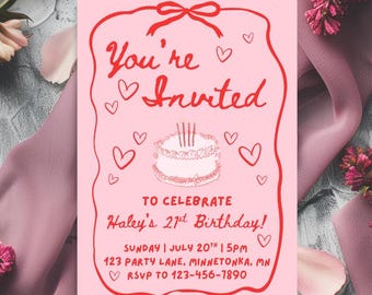 Red and Pink Girly Coquette Birthday Invitation: Editable Bow 21st Party Invite (Printable 5x7)