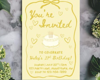 Yellow Girly Coquette Birthday Invitation: Editable Bow Heart Cake 21st Party Invite (Printable 5x7)