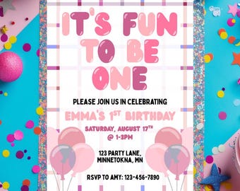 Pink It's Fun To Be One Birthday Invitation: Balloon 1st Party Invite (Printable 5x7)