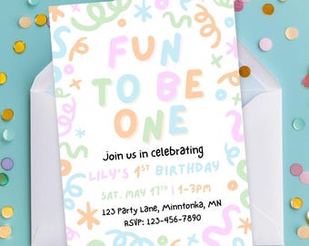 It's Fun To Be One Birthday Invitation: Pastel Confetti 1st Party Invite (Printable 5x7)