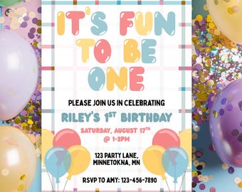 It's Fun To Be One Birthday Invitation: Pastel Balloon 1st Party Invite (Printable 5x7)