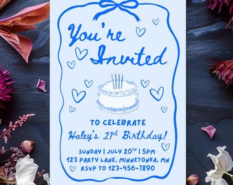 Blue Girly Coquette Birthday Invitation: Editable Bow Heart Cake 21st Party Invite (Printable 5x7)