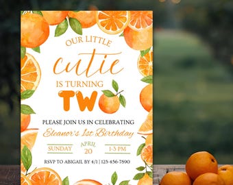 Little Cutie Is Turning Two Birthday Invitation: Editable Orange 2nd Party Invite (5x7 Printable)